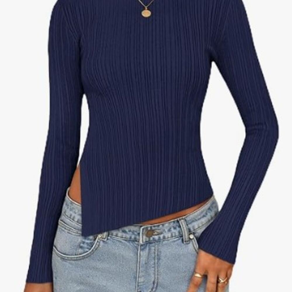 Merokeety Navy Blue Ribbed Knit Long Sleeve Top Asymmetric Slit Hem Size Small